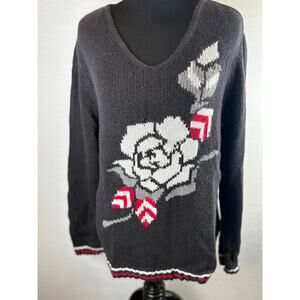 Petite Sophisticate white rose black heavy sweater women's size large